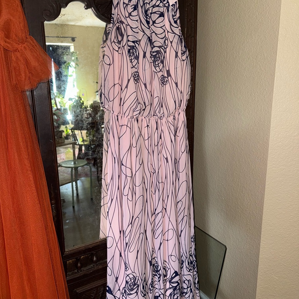 Robbie Bee Pink and Navy Patterned Dress
